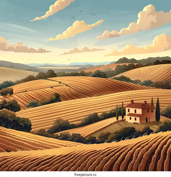 Illustration of a Farm Landscape with a Farmhouse and Golden Fields