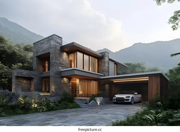Modern Stone House with Carport in Mountain Landscape