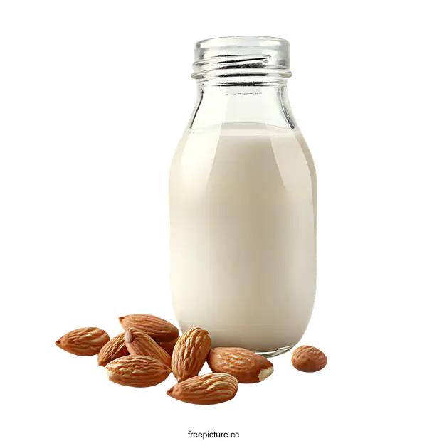 [Transparent Background PNG]Almond Milk in a Glass Bottle with Almonds