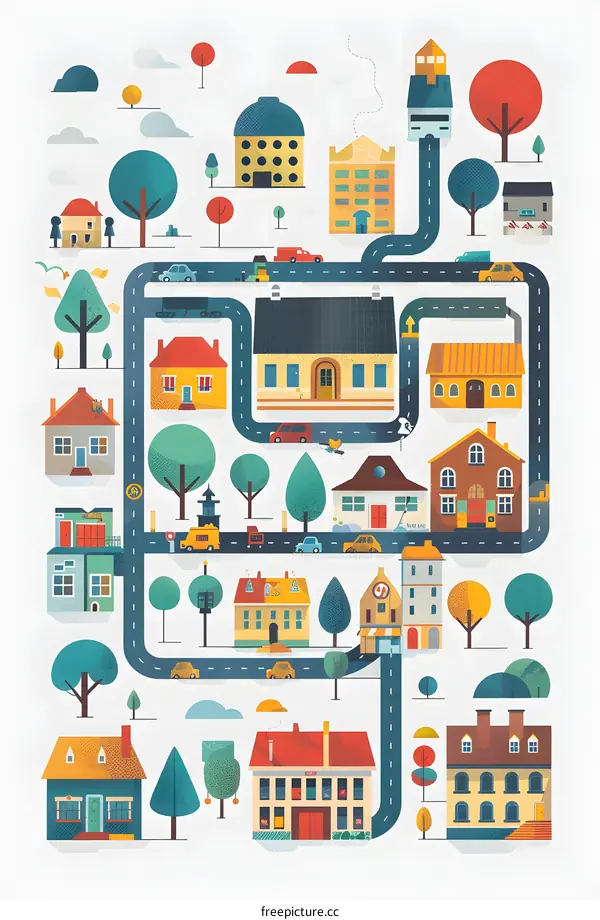 Colorful Cityscape with Buildings and Road