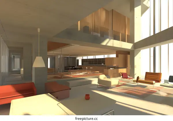 Modern Minimalist Living Room with Concrete Walls and Large Windows