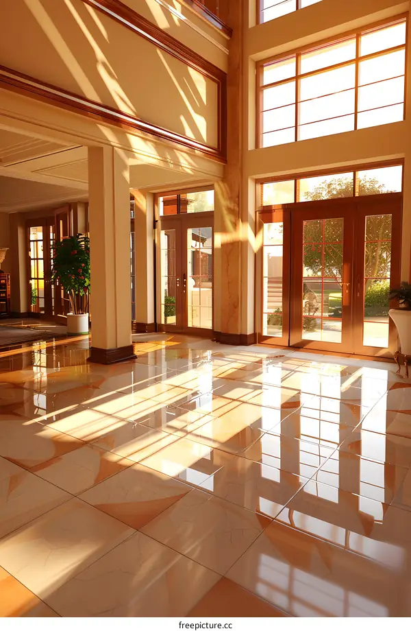 Sunlight Streaming Through Large Windows in an Elegant Foyer