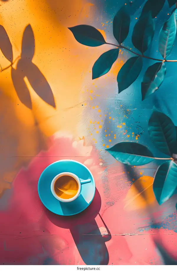 Coffee Cup with Blue Saucer on Colorful Background with Leaves