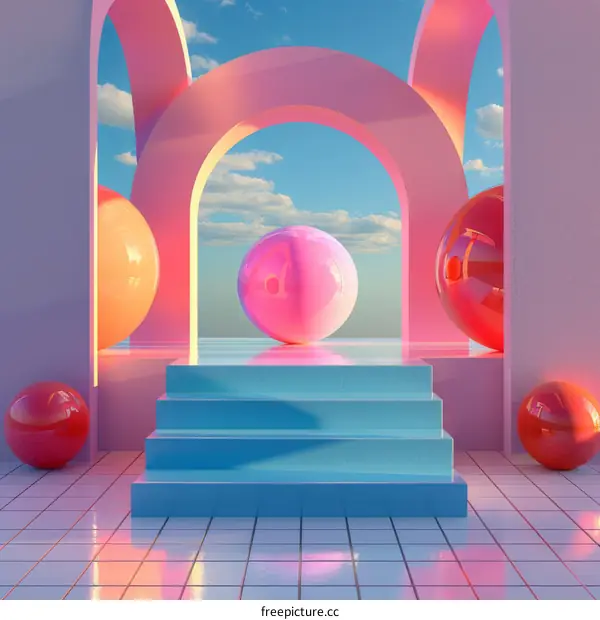 Abstract 3D Illustration With Colorful Spheres and Arched Structure