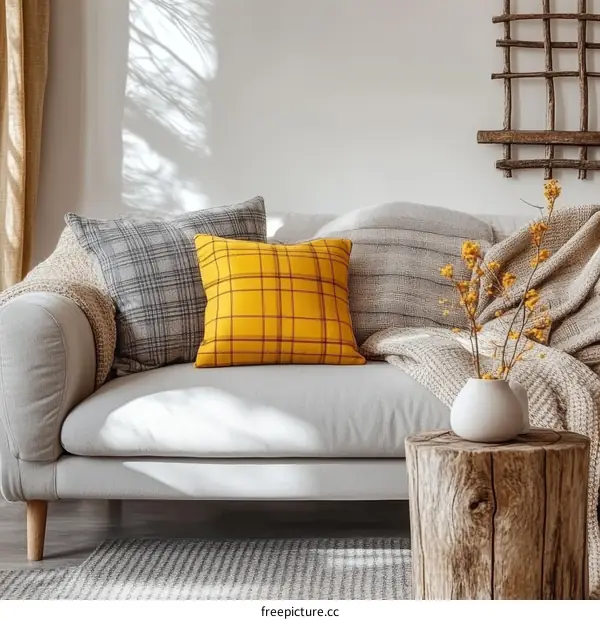 Cozy Living Room with Plaid and Yellow Pillows