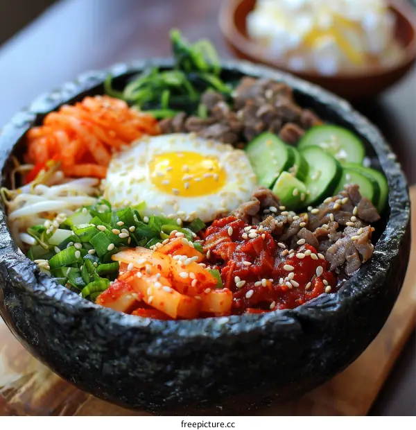 Colorful Bibimbap in a Stone Bowl with Beef and Vegetables