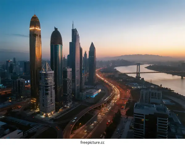 Sunset View of Modern Urban Skyscrapers with River