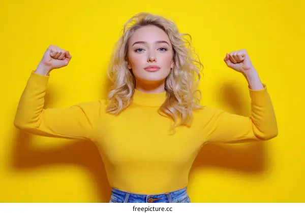 Woman in Yellow Fashionable Top against Bright Yellow Background