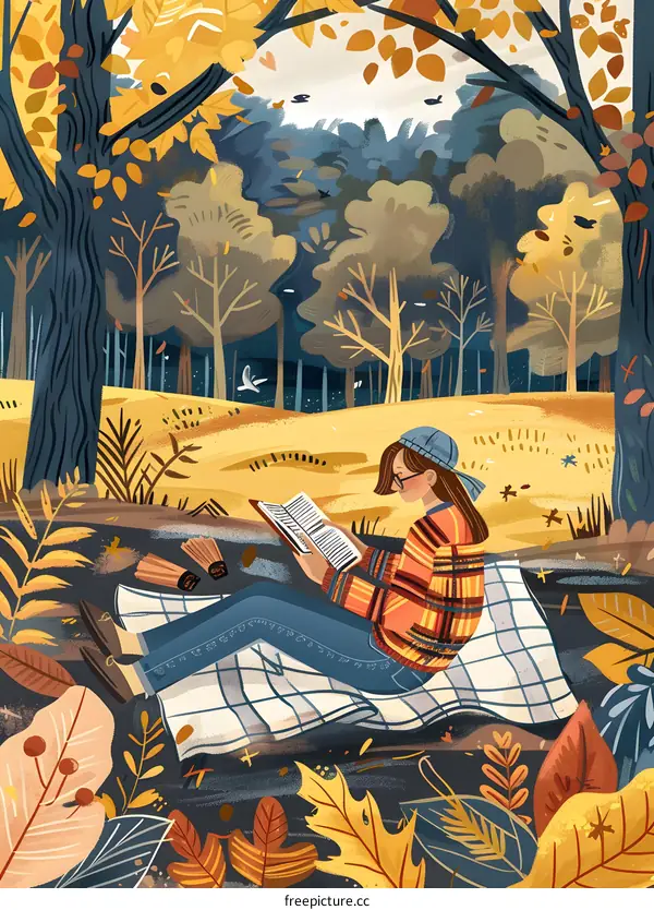 Girl Reading Book In Autumn Forest Illustration