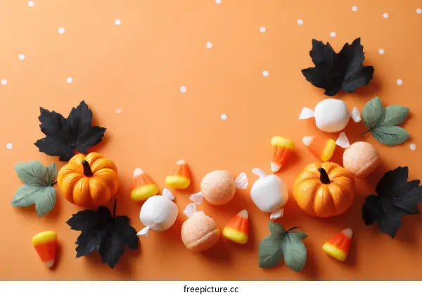 Halloween Candy and Pumpkin Decorations on Orange Background
