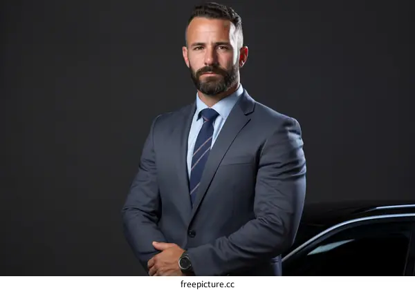 Bearded man in suit standing in front of a black car