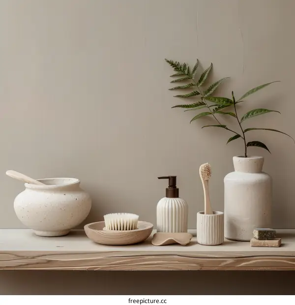 Natural bathroom accessories made of ceramic with a wooden shelf