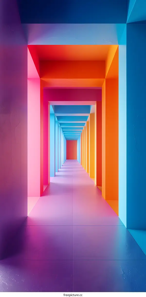 A long colorful hallway with pink blue and orange walls and a bright white light at the end of the hall