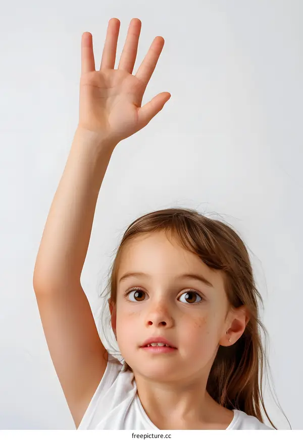 Girl Raising Hand on White Background