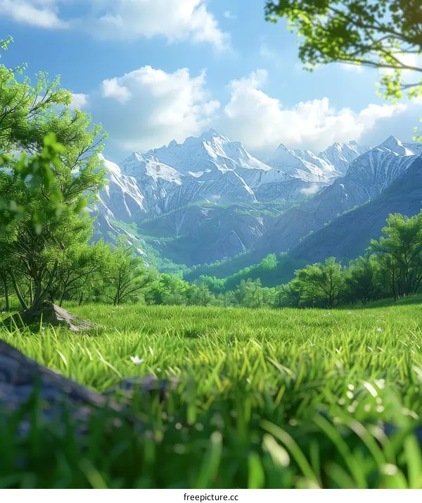 Majestic Mountain Landscape with Lush Green Trees and Blue Skies