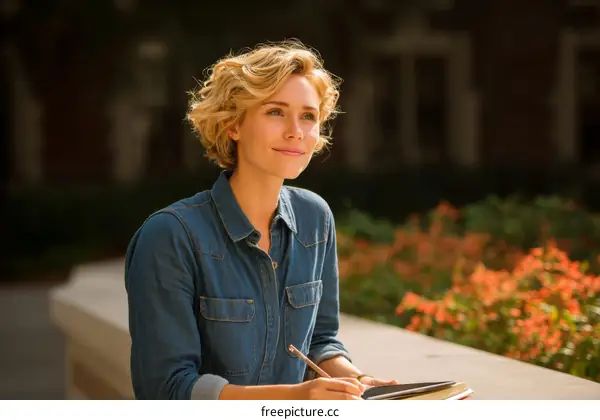 Woman Writing Outdoors at University