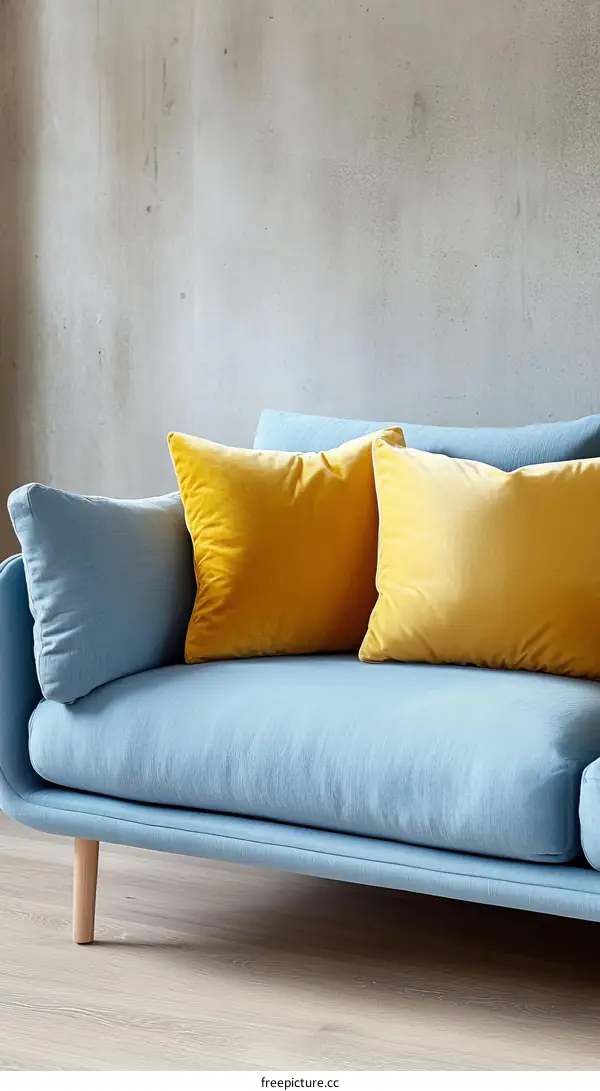 Modern Light Blue Sofa with Mustard Yellow Pillows