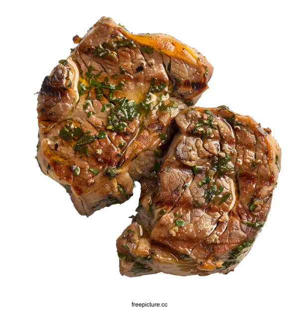 [Transparent Background PNG]Grilled meat with herbs on white background