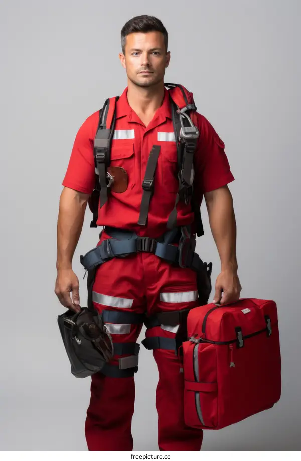 Portrait of a male paramedic wearing a red uniform and carrying a medical bag