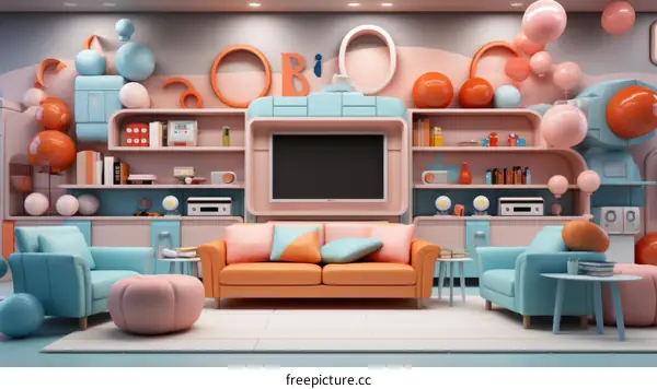 A living room with a TV, sofa, and other furniture