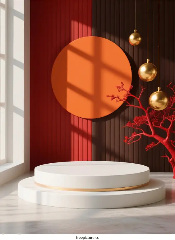 Modern minimalist stage with red and brown wall background, white podium, and golden decorations