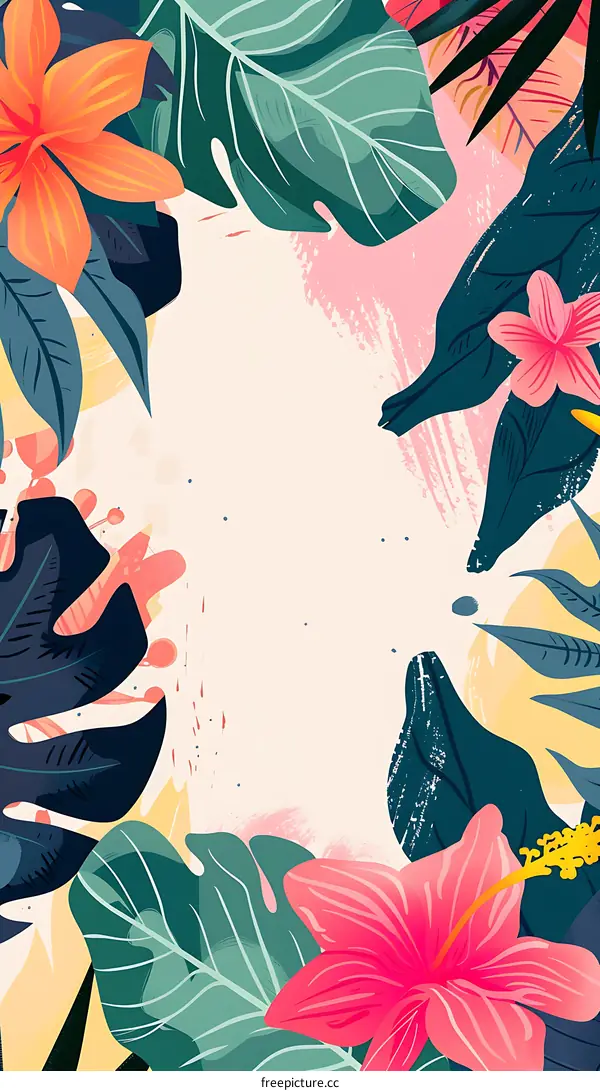 Tropical Leaves And Flowers Background Illustration