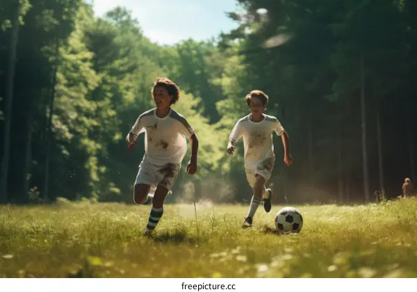 Two boys playing soccer in a field