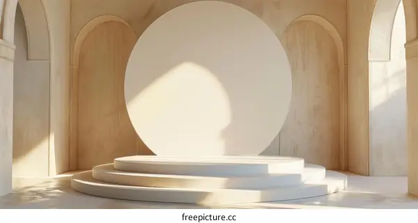Beige Architectural Display Podium with Round Blank Panel