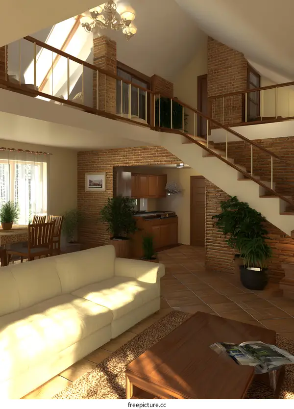 Modern Interior Design with Brick Wall and Staircase