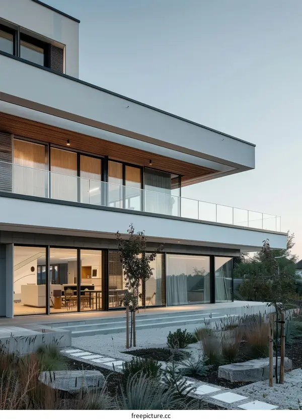 Modern Minimalist Villa with Glass Walls and Terrace Garden View