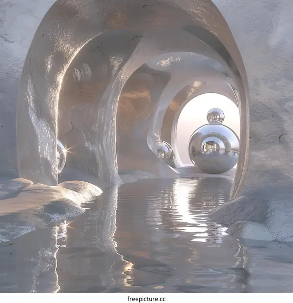 Surreal Organic Architecture: Reflective Spheres in a Hallway
