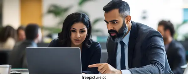 Two Business People Working Together on Laptop In Office