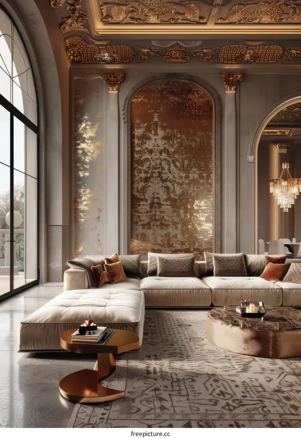 Modern Living Room Featuring Golden Elements and Sophisticated Decor