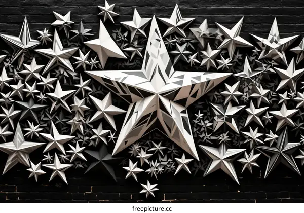 Black and white geometric stars of various sizes on a brick wall
