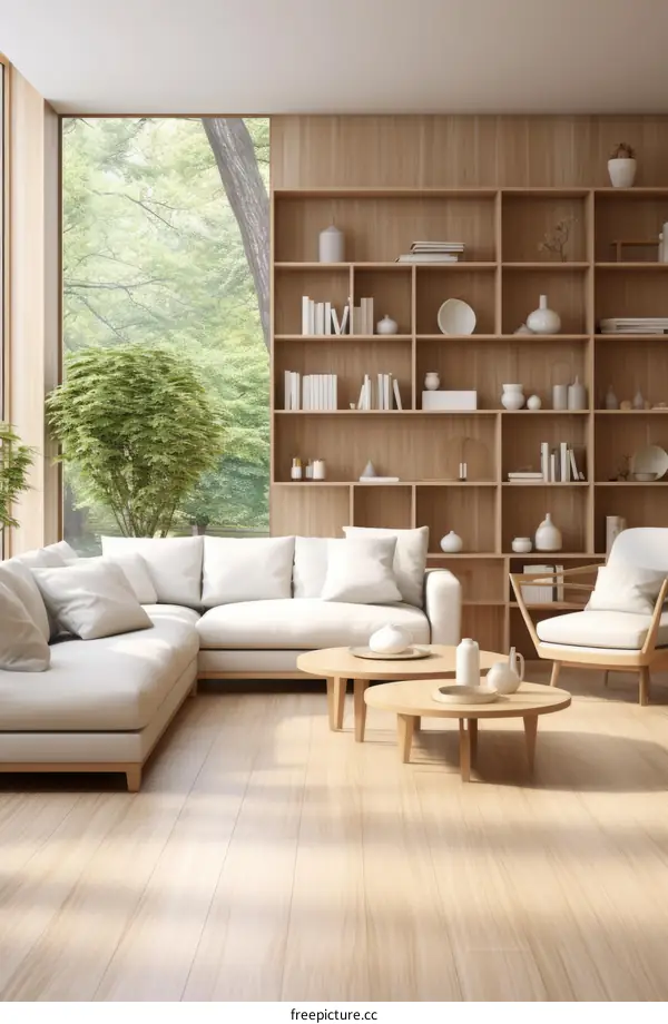 Airy and bright living room with large windows and wooden bookshelf