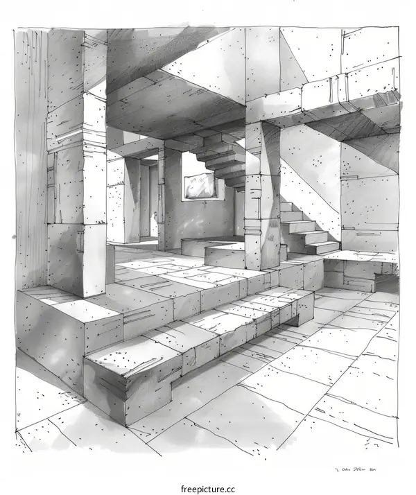 Black and White Pencil Sketch of a Concrete Building