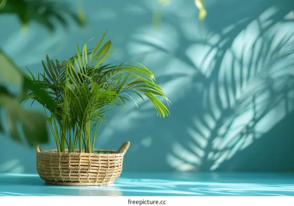 Tropical Plant in a Basket with Shadow on a Blue Background