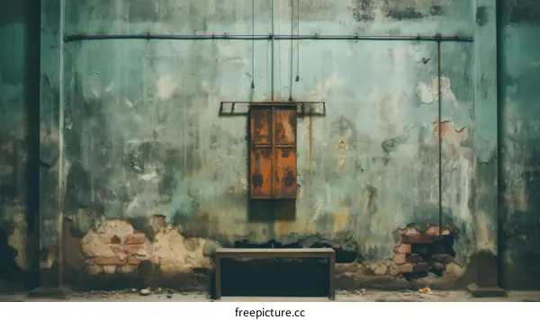 Rusty door with bench and dirty wall background