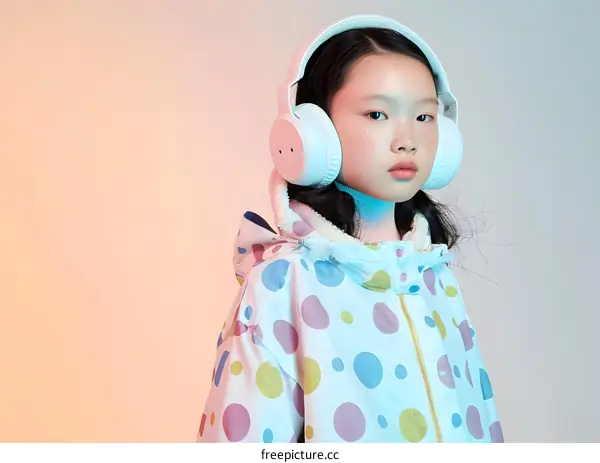 Young Asian Girl with Headphones and Polka Dot Jacket