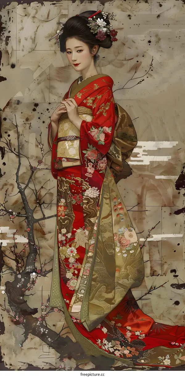 A Japanese woman wearing a kimono with floral patterns and a cherry blossom tree in the background