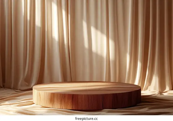 Wooden Display Podium with Beige Drapes