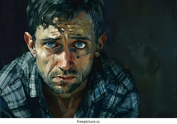 Portrait of a man with blue eyes and dark hair wearing a plaid shirt