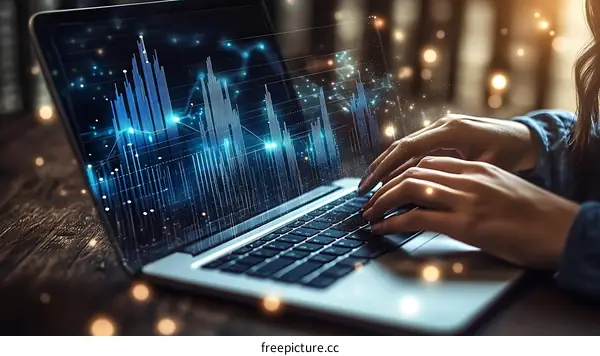 Woman working on laptop with digital chart overlay