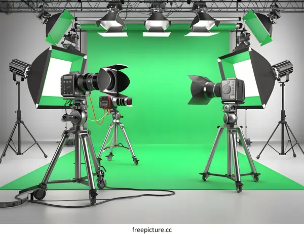 Green Screen Studio Setup with Professional Cameras and Lights