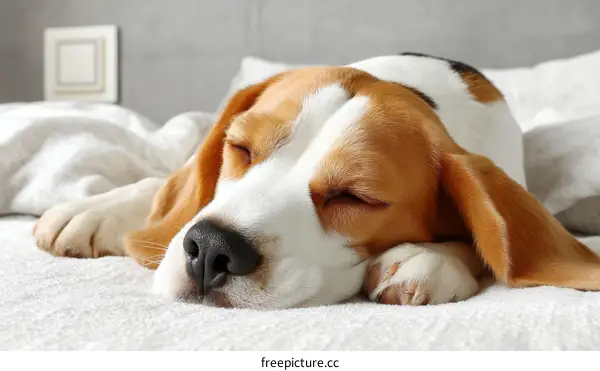 Sleepy Beagle Dog on a Bed