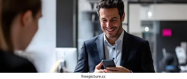 Smiling Businessman Using Smartphone in Office