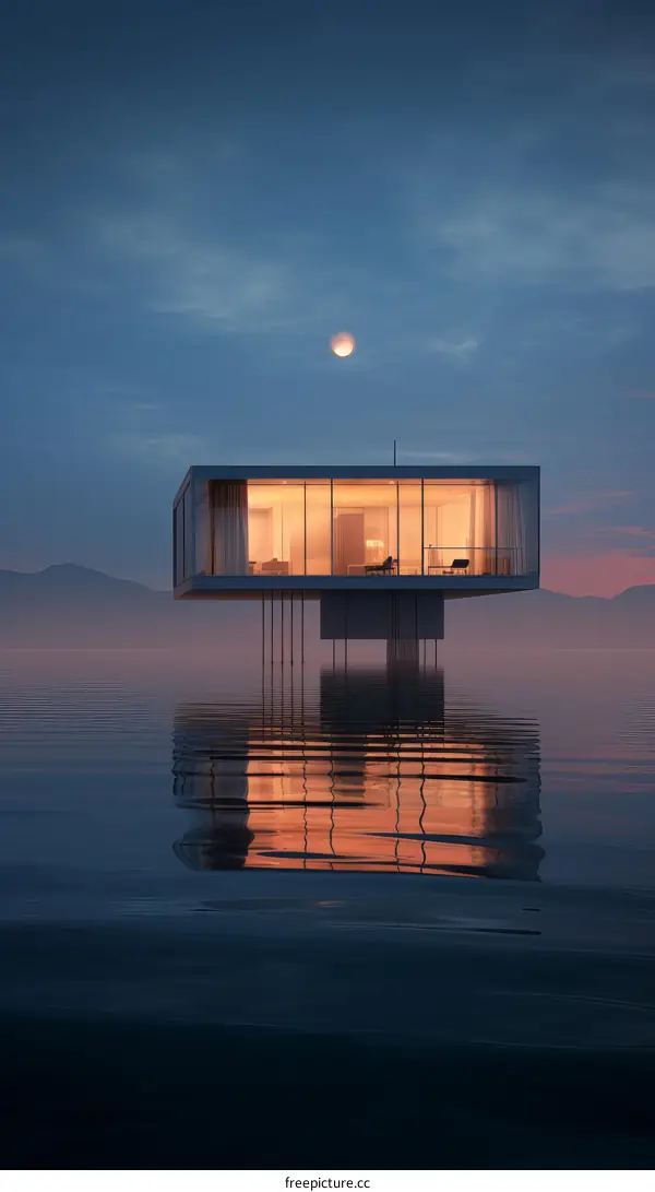 A modern house on stilts over a calm lake at sunset