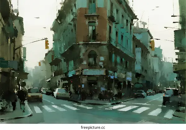 Urban Street Scene with Traffic Lights and Buildings