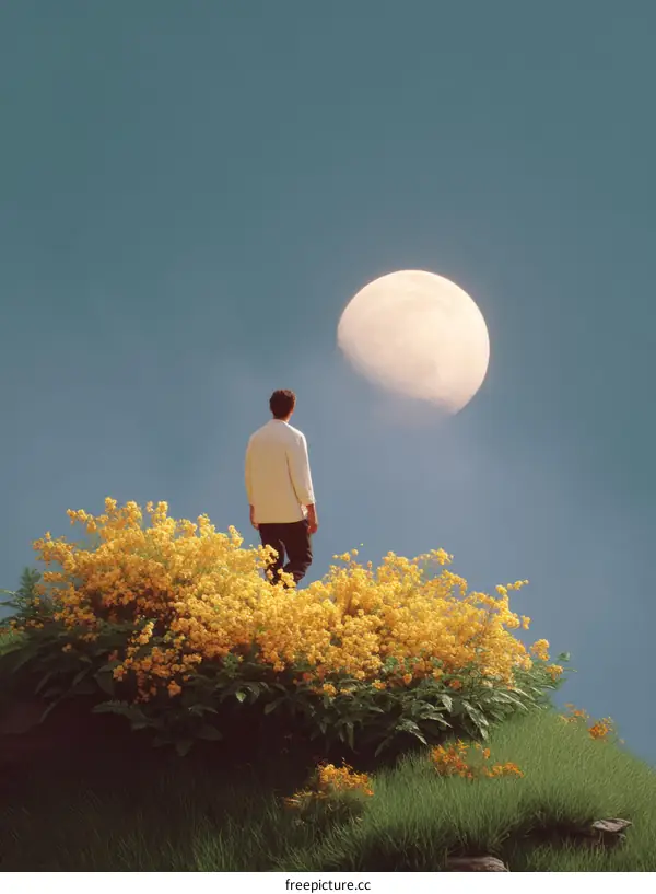 Solitude Under the Full Moon Among Lush Yellow Flowers