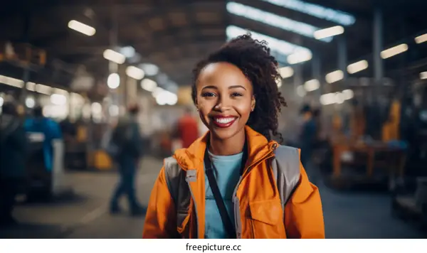 Portrait of a smiling young woman wearing a hard hat and safety vest in a warehouse